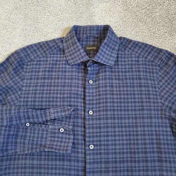 Ermenegildo Zegna Shirt Mens Medium Blue Button Up Plaid Linen - Picture 1 of 9
